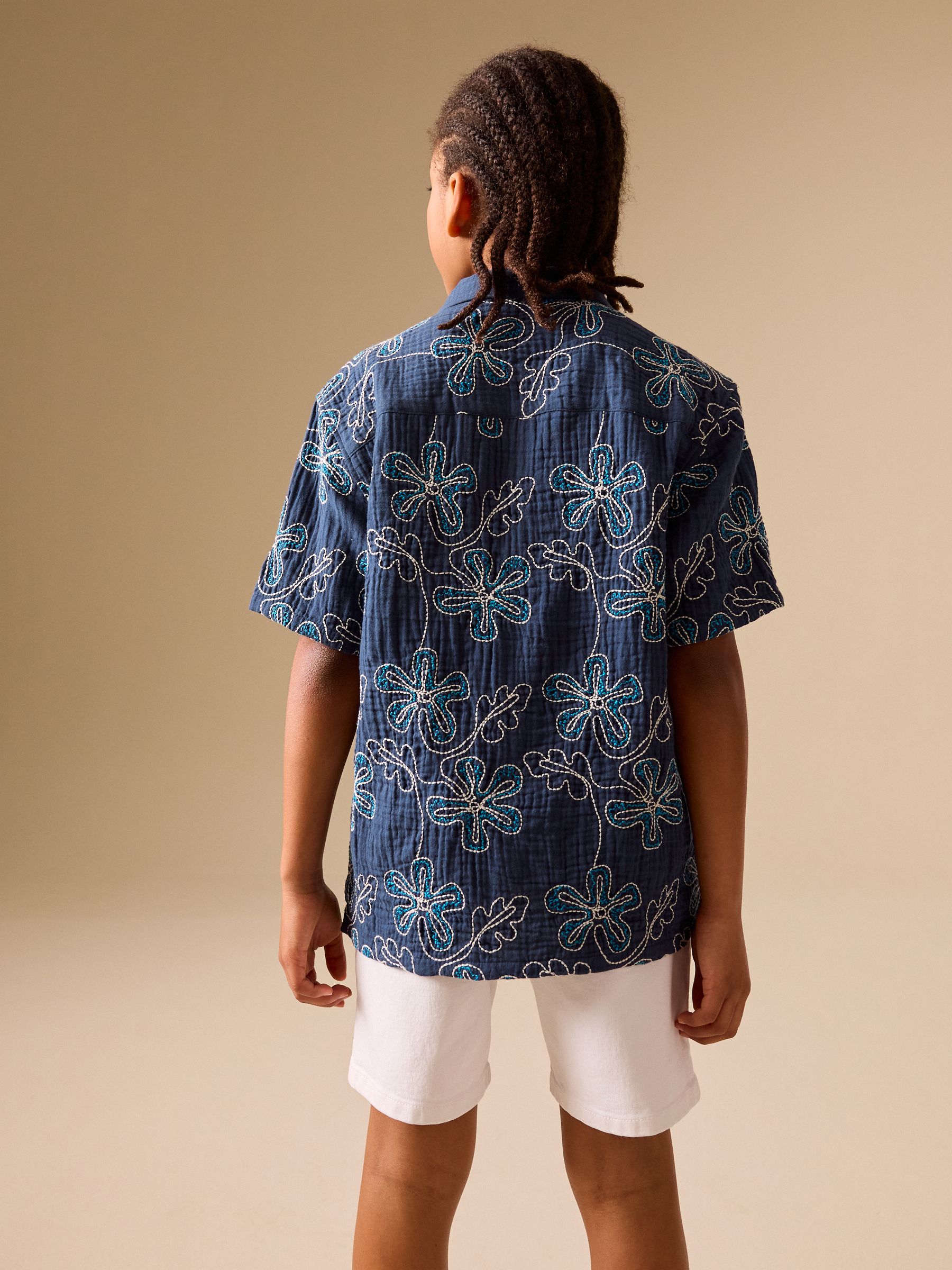 Buy Dark Blue Embroidery Flowers Short Sleeve Revere Collar Shirt