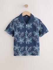 深藍色刺繡花朵 - 短袖翻領裇衫（3-16 歲） - 圖片 5/8