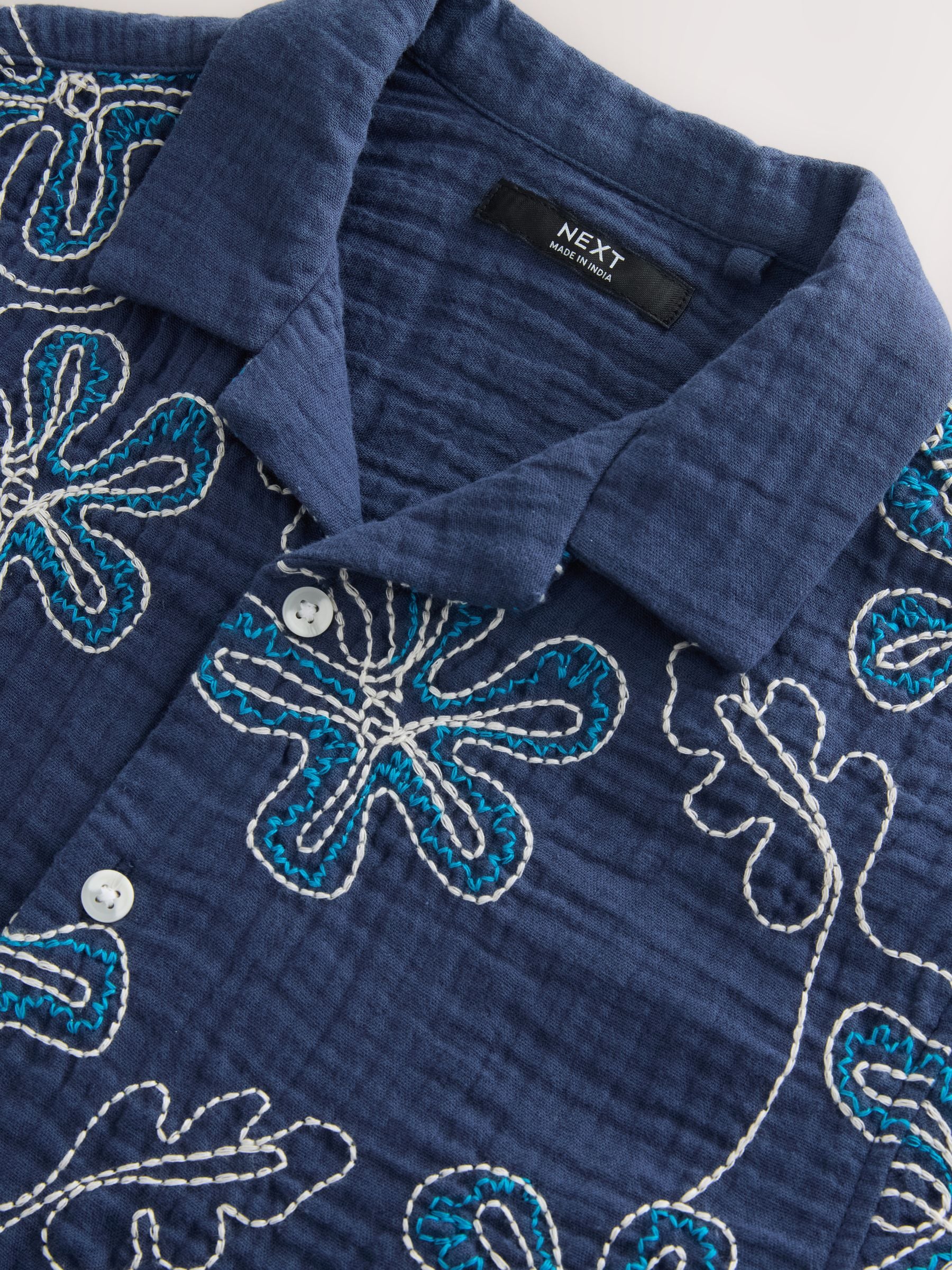 Buy Dark Blue Embroidery Flowers Short Sleeve Revere Collar Shirt