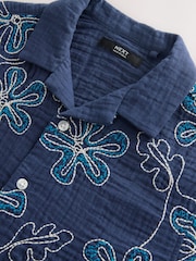 深藍色刺繡花朵 - 短袖翻領裇衫（3-16 歲） - 圖片 8/8