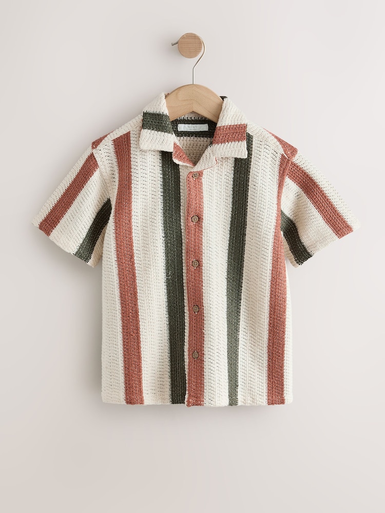 Ecru - Cămașă texturată Dungă Mânecă scurtă cu rever (3-16ani) - Imaginea 1 din 4