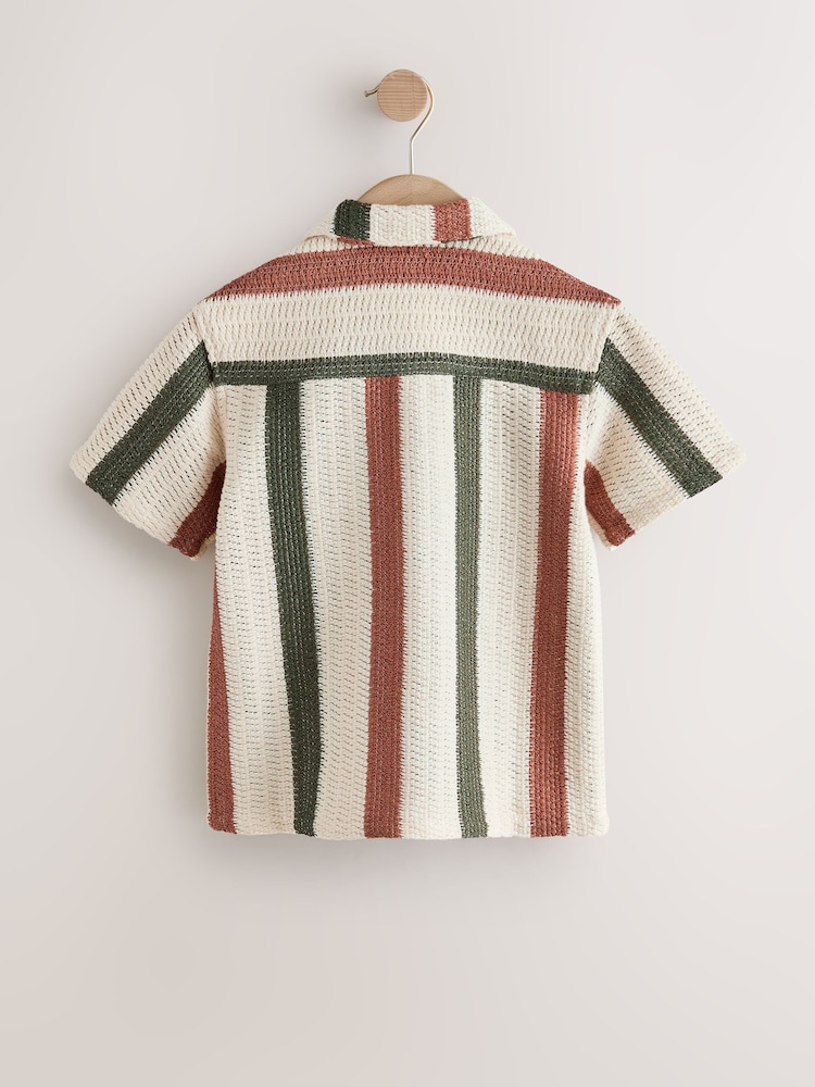 Ecru - Cămașă texturată Dungă Mânecă scurtă cu rever (3-16ani) - Imaginea 2 din 4