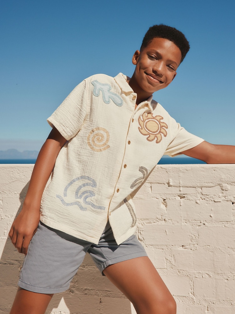 Ecru Embroidery Sun Palm Short Sleeve Palm Embriodered Shirt (3-16yrs) - Image 1 of 12