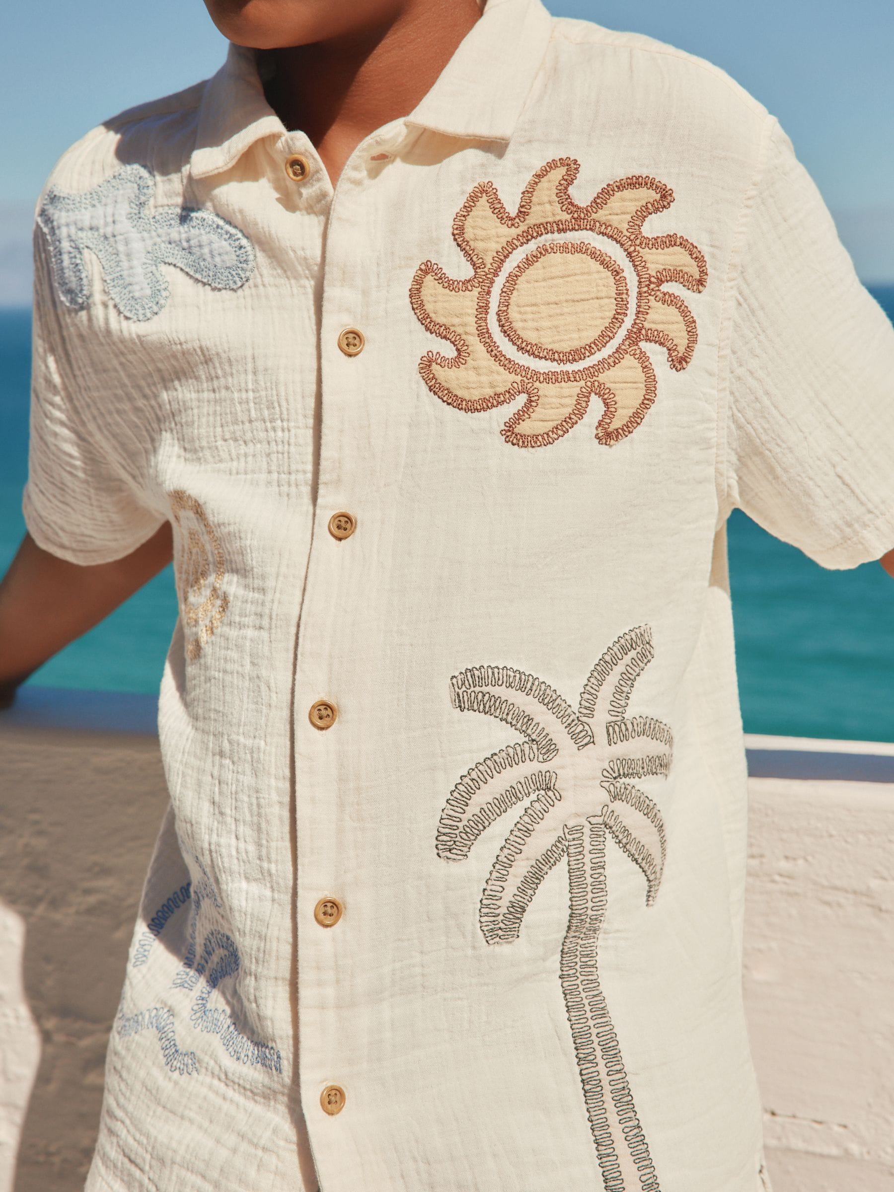 Buy Ecru Embroidery Sun Palm Short Sleeve Palm Embriodered Shirt