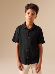 Black Short Sleeve Revere Collar Double Cloth Shirt (3-16yrs) - Image 1 of 8