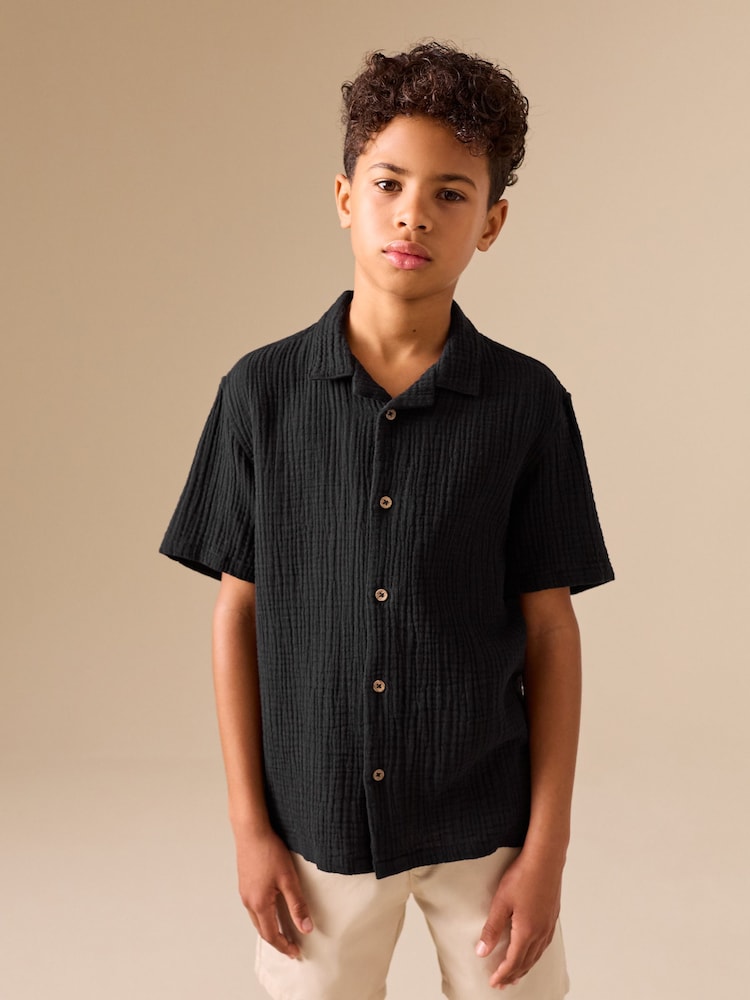 Black Short Sleeve Revere Collar Double Cloth Shirt (3-16yrs) - Image 1 of 8