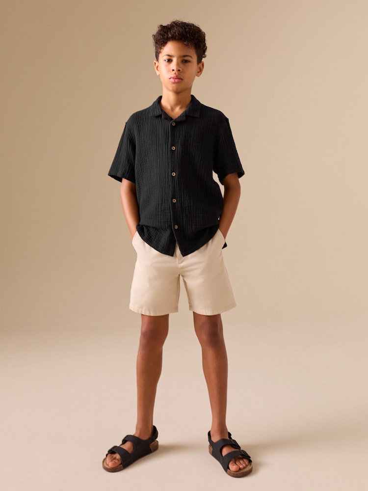 Black Short Sleeve Revere Collar Double Cloth Shirt (3-16yrs) - Image 2 of 8