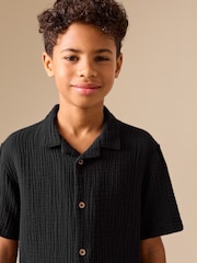 Black Short Sleeve Revere Collar Double Cloth Shirt (3-16yrs) - Image 4 of 8
