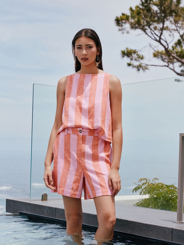 Pink/Orange Stripe Linen Blend Shorts - Image 1 of 7