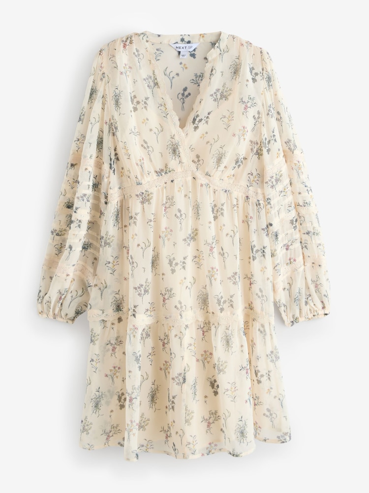 Ecru White Floral Print Mini Dress - Image 1 of 1 Ecru White Floral Print Mini Dress - Image 1 of 1