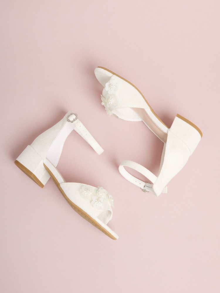 Lipsy White Sequin Corsage Occasion Flower Girl Block Heel Sandals - Image 1 of 4