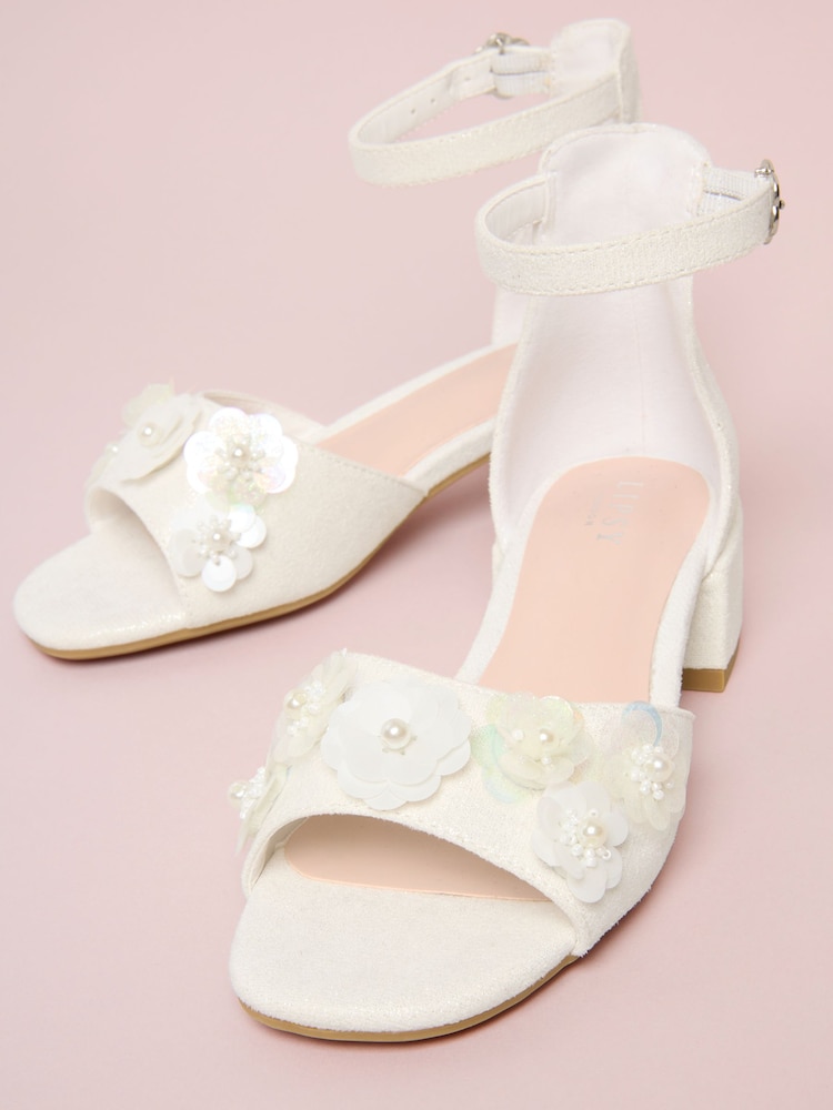 Lipsy White Sequin Corsage Occasion Flower Girl Block Heel Sandals - Image 2 of 4