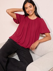 Friends Like These Raspberry Pink Short Sleeve Bubble Hem Pleated Blouse - Image 2 of 4