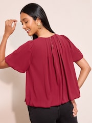Friends Like These Raspberry Pink Short Sleeve Bubble Hem Pleated Blouse - Image 3 of 4