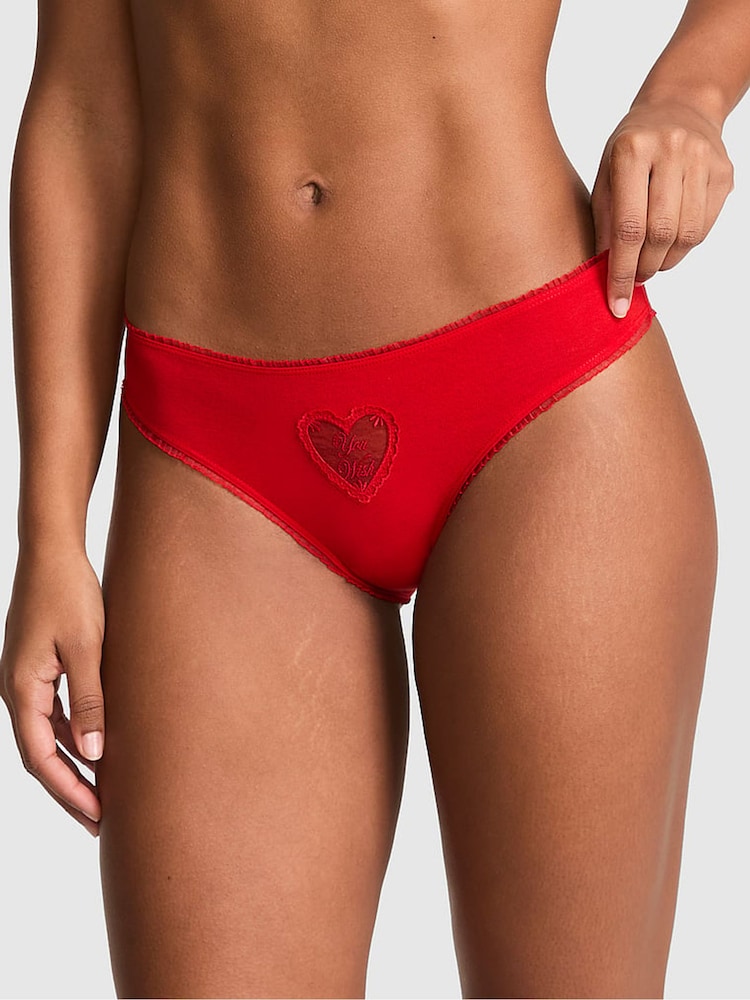 Victoria's Secret Pink Bright Vermillion Red Heart Mesh Print Cheeky Cotton Knickers - Image 1 of 2