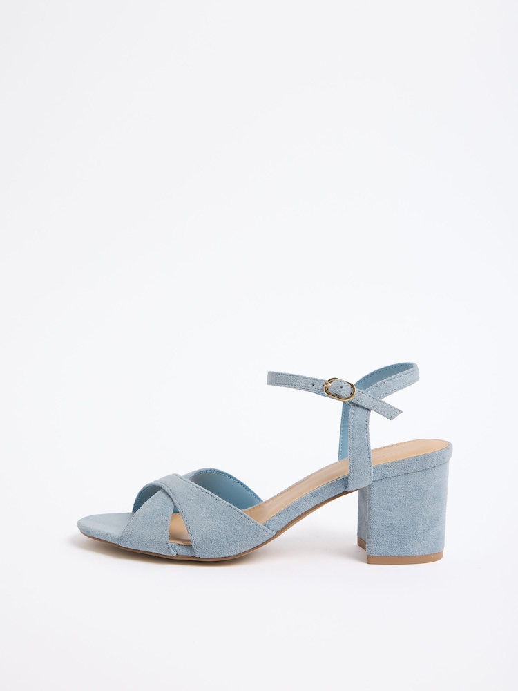 Friends Like These Faux Suede Blue Standard Fit Cross Over Mid Block Heeled Sandals - Image 5 of 5