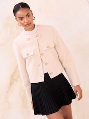 Lipsy Cream Collarless Brushed Wool Look Short Jacket - Image 1 of 4