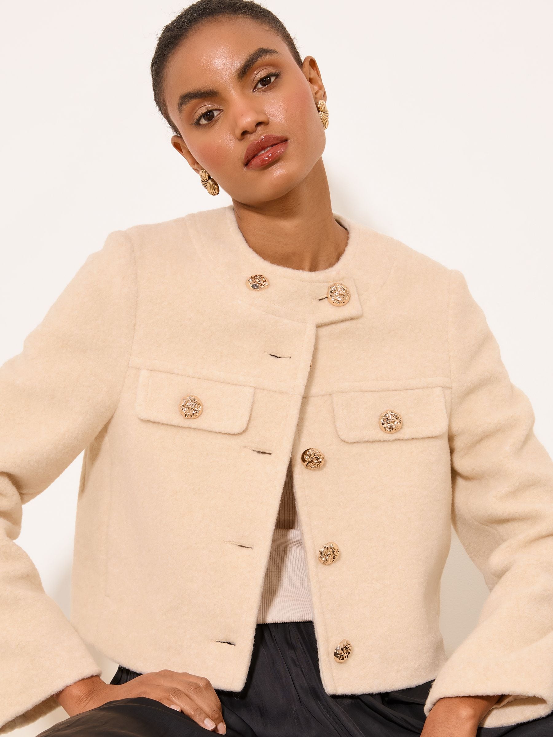 Buy Lipsy Cream Collarless Brushed Wool Look Glam Short Jacket