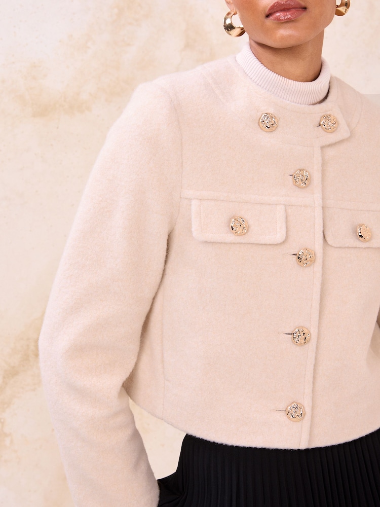 Lipsy Cream Collarless Brushed Wool Look Short Jacket - Image 2 of 4