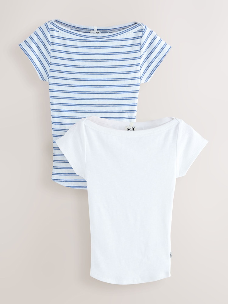 self. Blue/White Stripe Boat Neck T-Shirts 2 Pack - Image 1 of 11