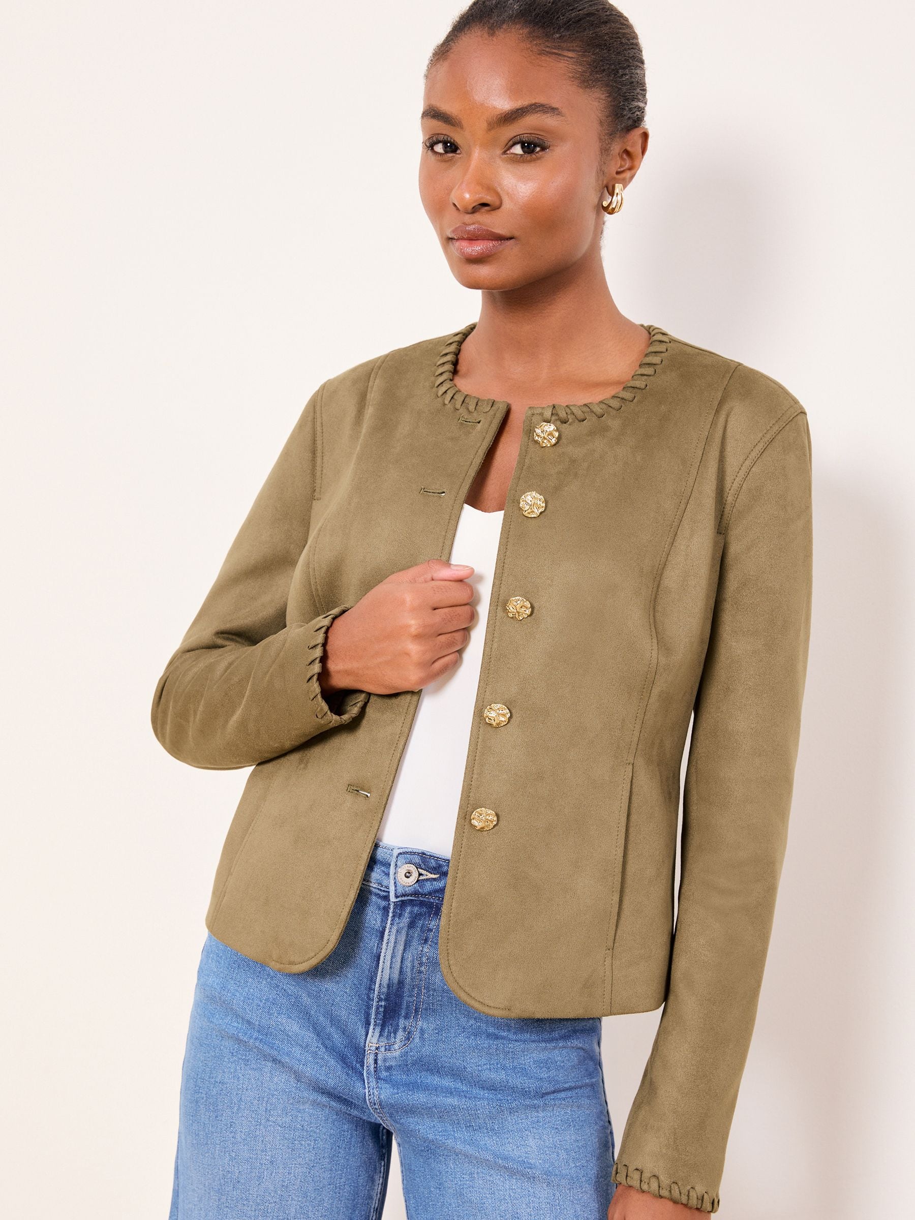Buy Lipsy Faux Suede Olive Green Whipstitch Detail Collarless