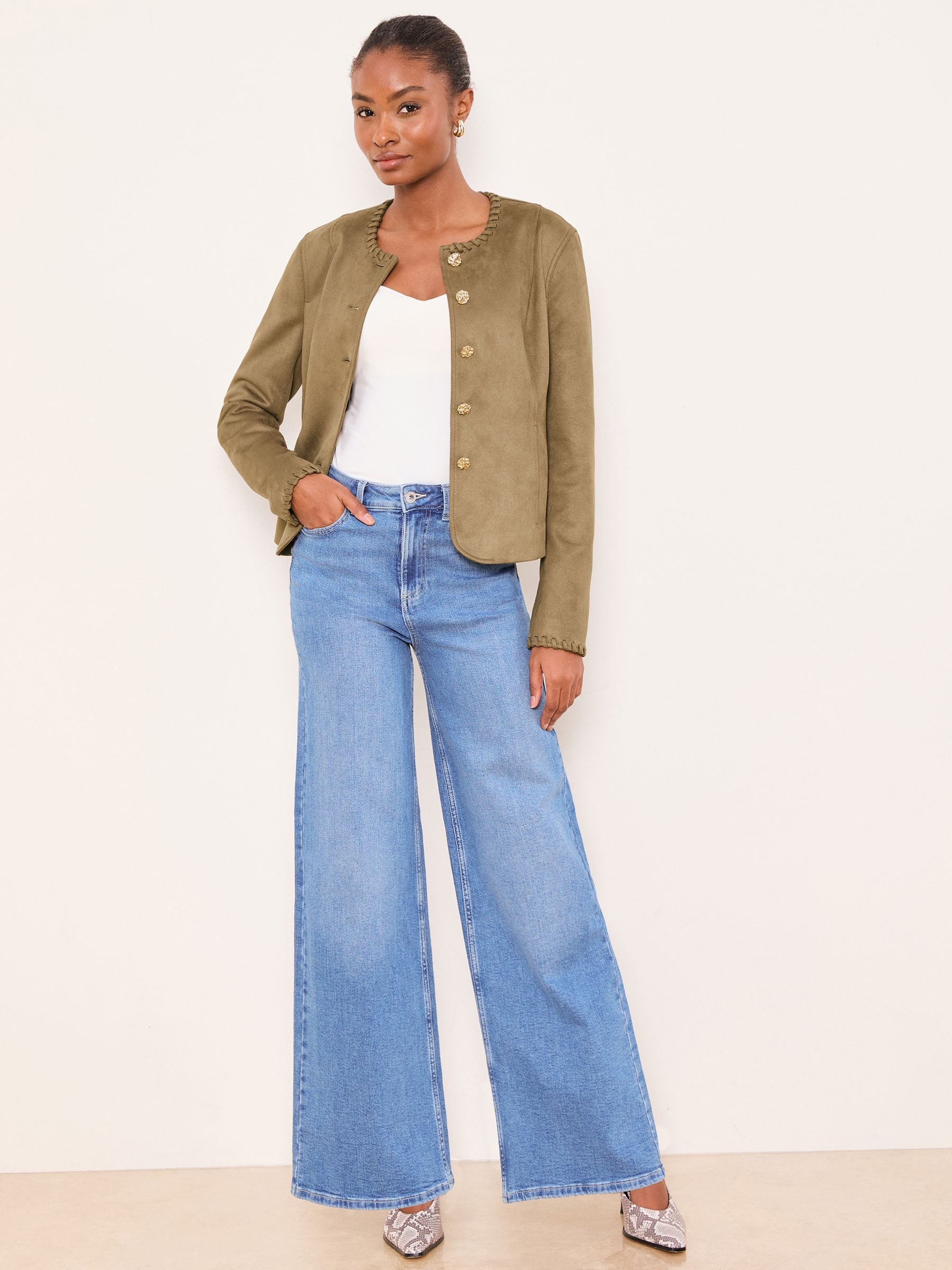 Buy Lipsy Faux Suede Olive Green Whipstitch Detail Collarless