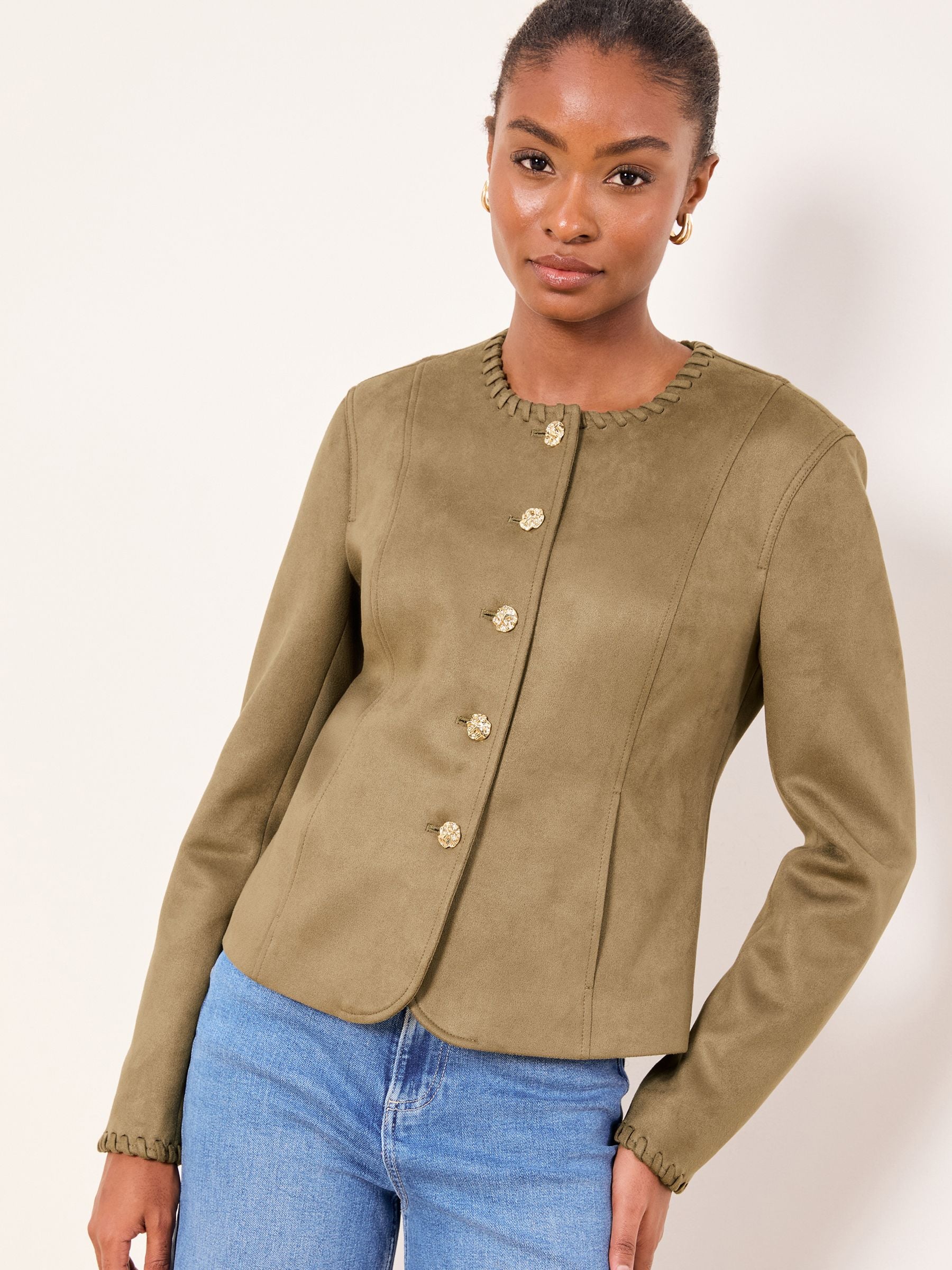 Buy Lipsy Faux Suede Olive Green Whipstitch Detail Collarless