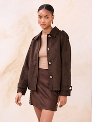 Lipsy Studded Brown Faux Suede Short Trench Coat - Image 4 of 4