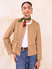 Lipsy Faux Suede Camel Petite Collarless Peplum Hem Jacket - Image 1 of 4