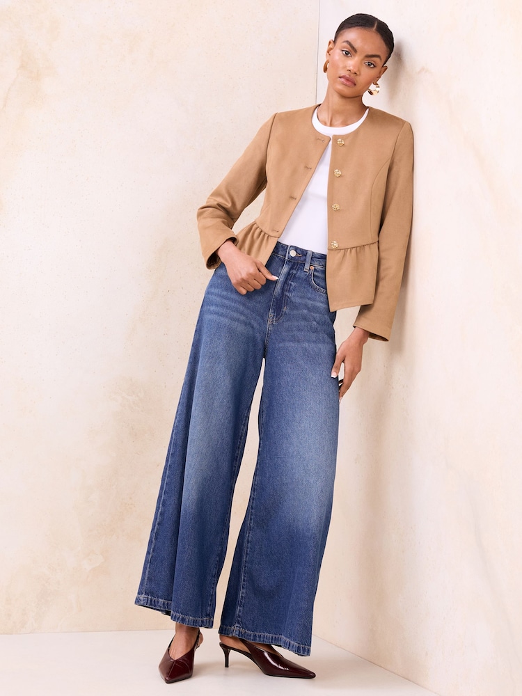 Lipsy Faux Suede Camel Petite Collarless Peplum Hem Jacket - Image 2 of 4