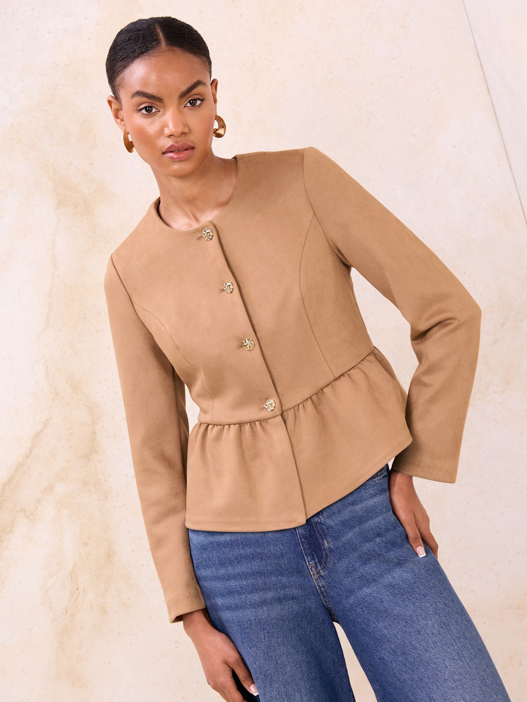 Buy Lipsy Faux Suede Camel Petite Collarless Peplum Hem Jacket