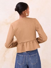 Lipsy Faux Suede Camel Petite Collarless Peplum Hem Jacket - Image 4 of 4