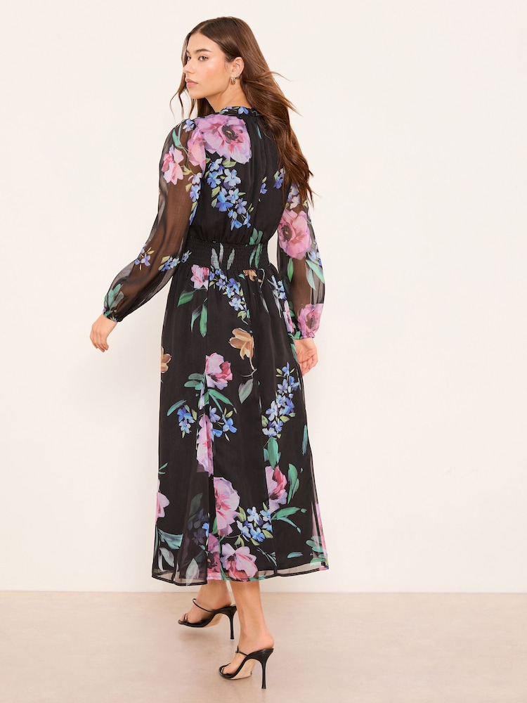 Lipsy Black Long Sleeve Woven Floral Midi Dress - Image 4 of 4