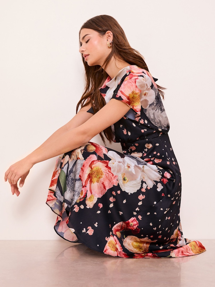 Lipsy Black Bisoux Print Floral Satin Short Sleeve Underbust Midi Dress - Image 2 of 5