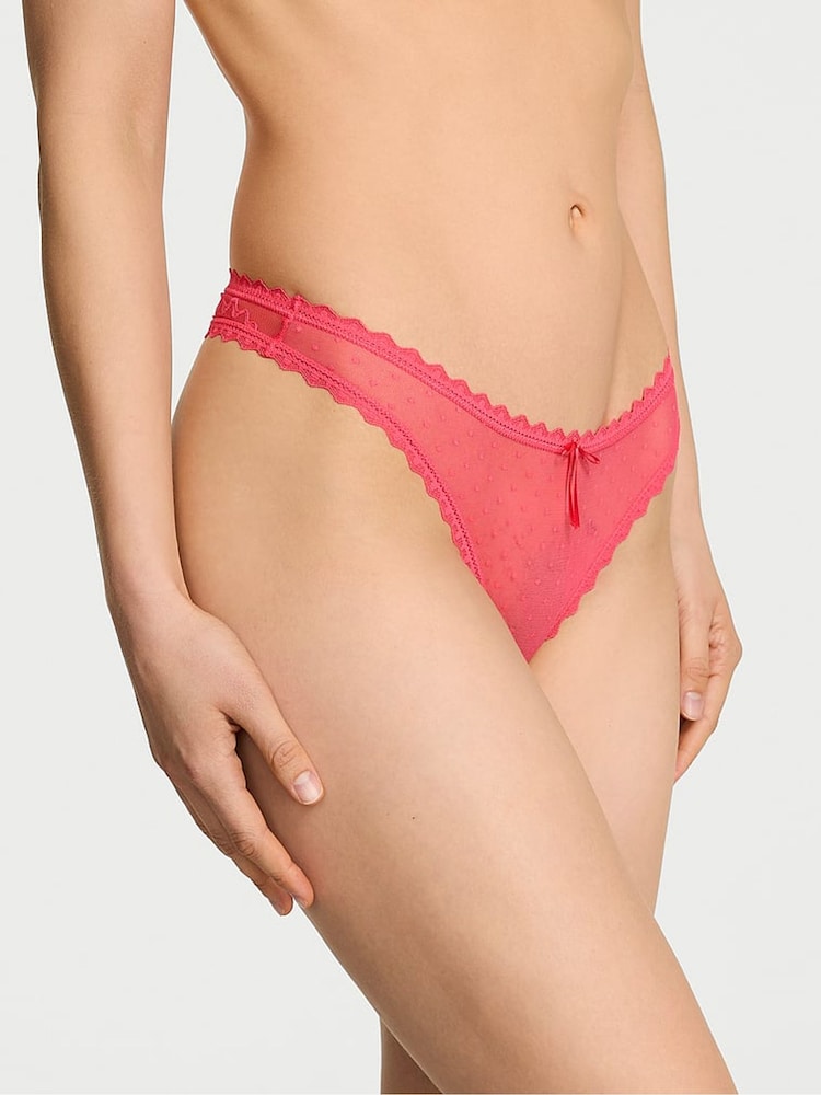 Victoria's Secret Poppy Pink Thong Bow Lace Mesh Knickers - Image 1 of 2