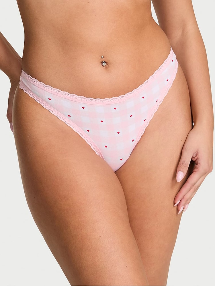 Victoria's Secret Pretty Blossom Pink Gingham Heart Thong Cotton Lace Trim Knickers - Image 1 of 2 Victoria's Secret Pretty Blossom Pink Gingham Heart Thong Cotton Lace Trim Knickers - Image 1 of 2