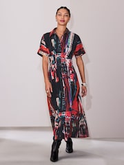 Red Abstract Print - Short Sleeve Cinched Waist Midi Shirt Dress - صورة 1 من 7