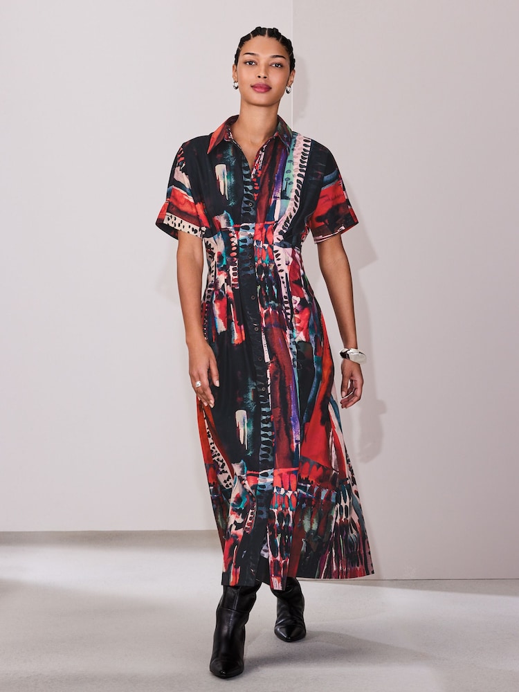Red Abstract Print - Short Sleeve Cinched Waist Midi Shirt Dress - صورة 1 من 7