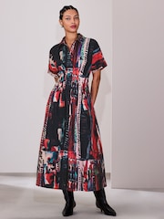Red Abstract Print - Short Sleeve Cinched Waist Midi Shirt Dress - صورة 2 من 7