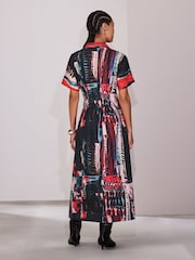 Red Abstract Print - Short Sleeve Cinched Waist Midi Shirt Dress - صورة 3 من 7
