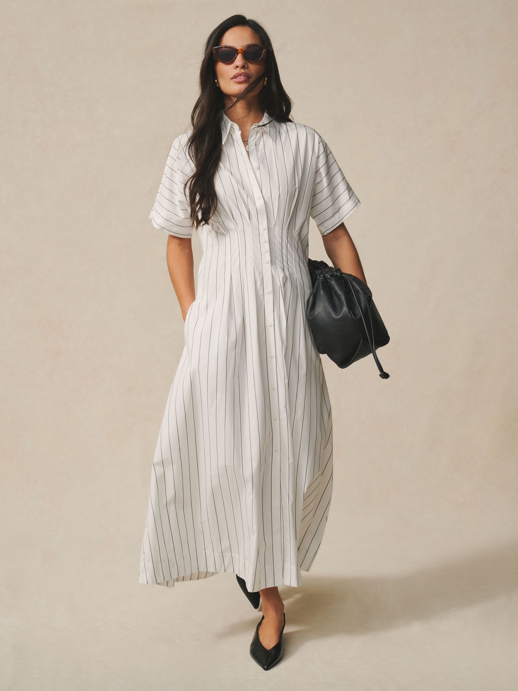 Buy White Pinstripe Short Sleeve Cinched Waist Midi Shirt Dress
