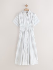 Monochrome White with Black Stripe - Short Sleeve Cinched Waist Midi Shirt Dress - صورة 1 من 3