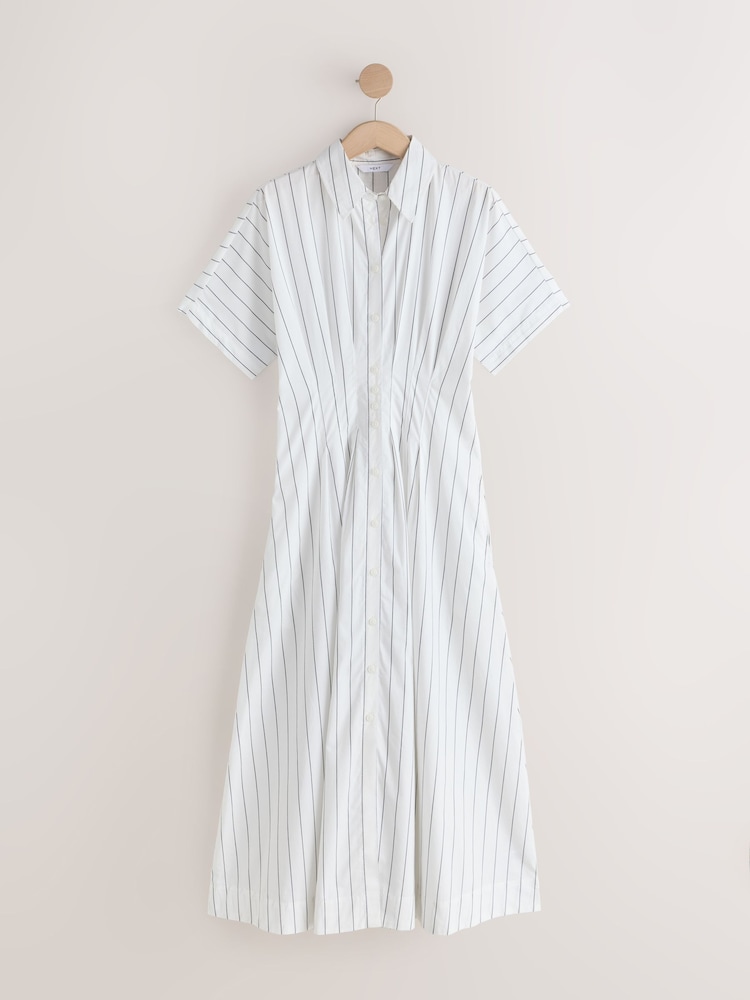 Monochrome White with Black Stripe - Short Sleeve Cinched Waist Midi Shirt Dress - صورة 1 من 3