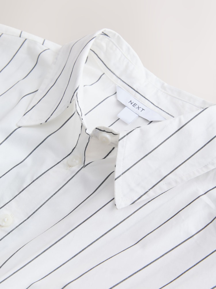 Monochrome White with Black Stripe - Short Sleeve Cinched Waist Midi Shirt Dress - صورة 2 من 3