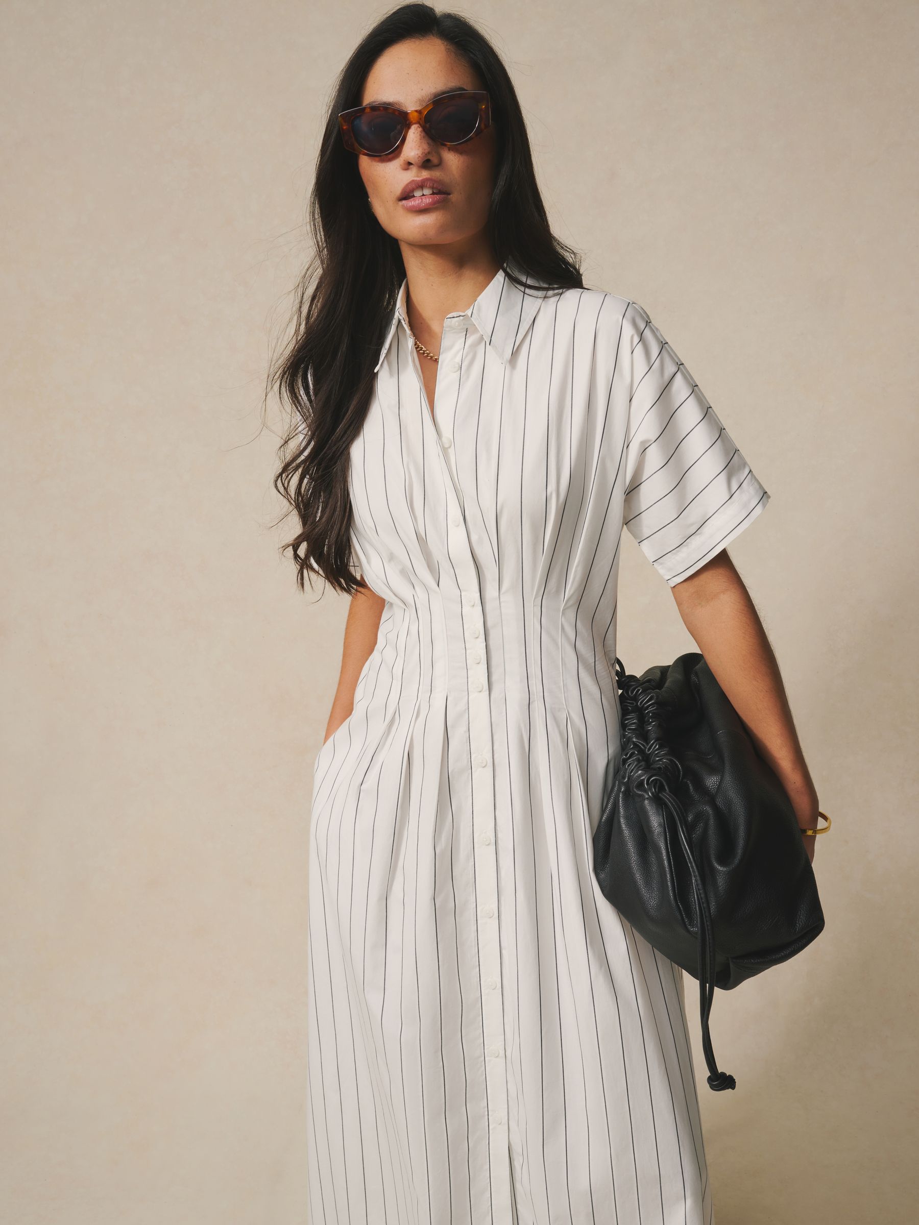 Comprar Listras brancas - Vestido camisa midi de manga curta com