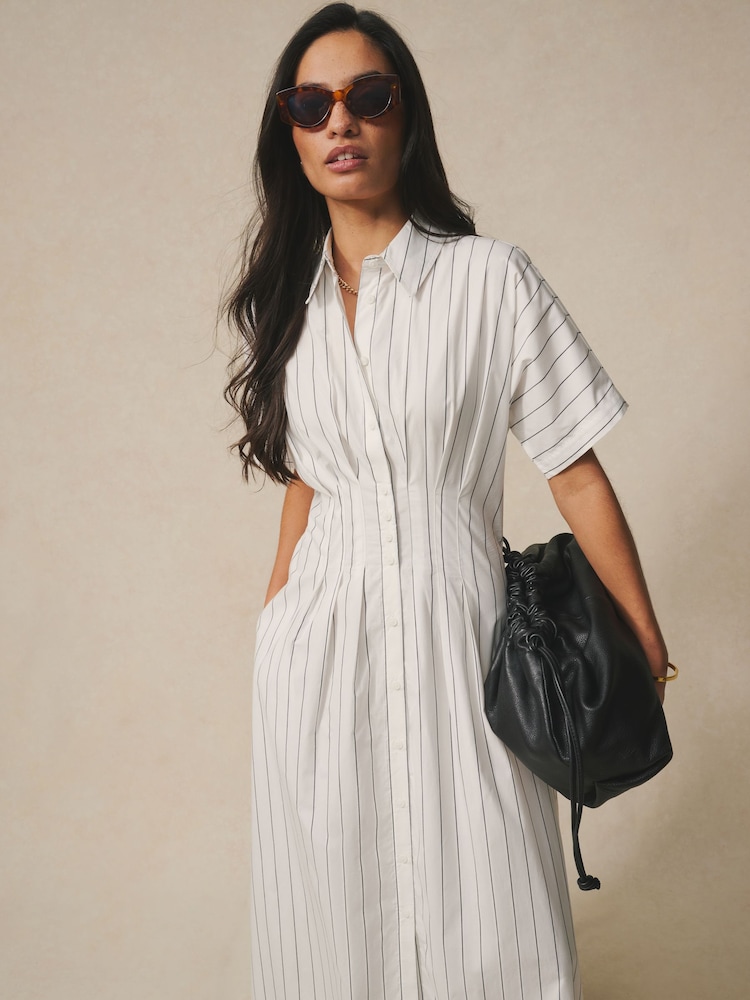 Buy White Pinstripe Short Sleeve Cinched Waist Midi Shirt Dress from Next  USA