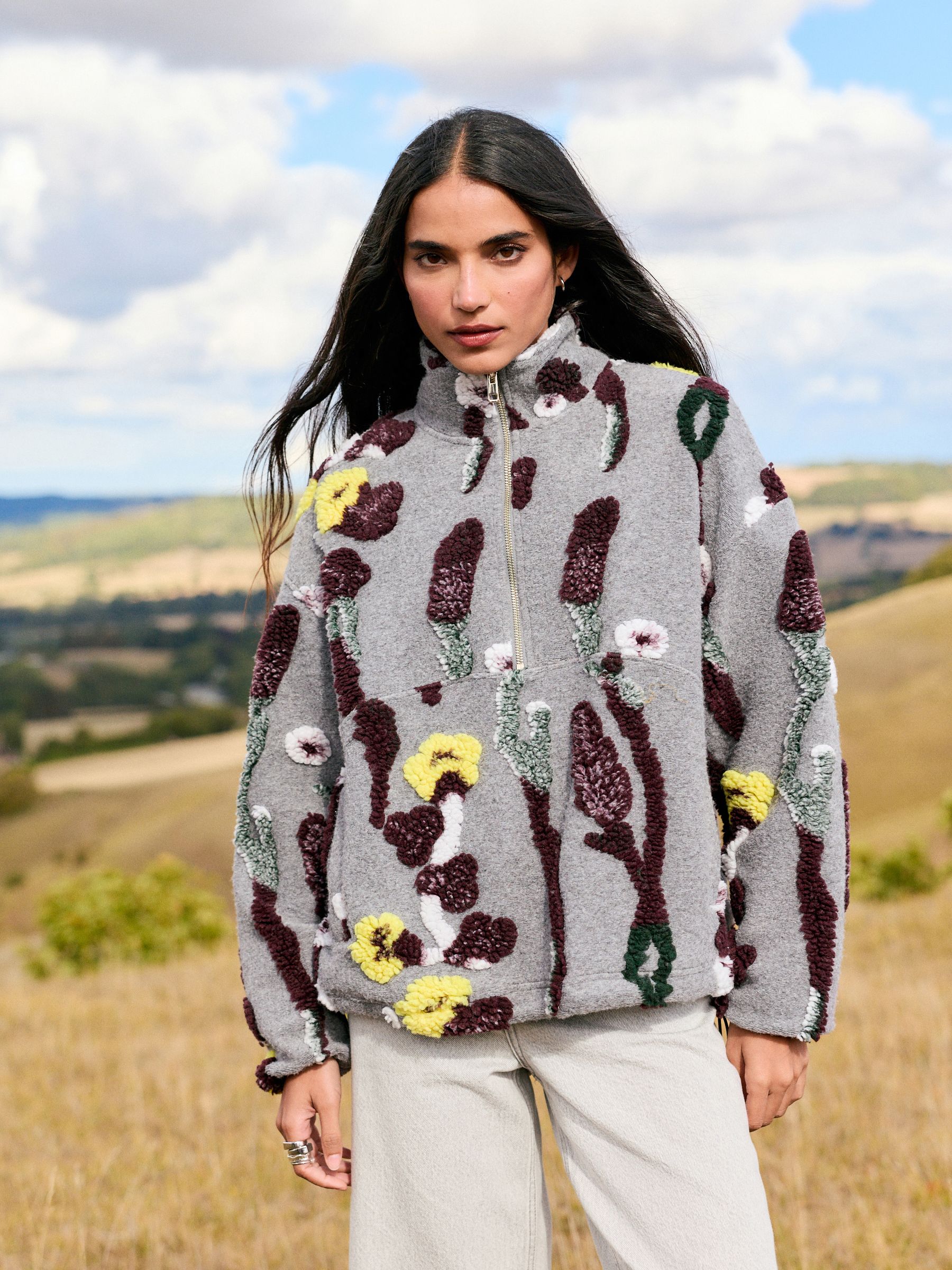 Buy Grey Floral Jacquard Floral Jaquarded Borg Half Zip Neck