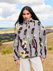 Grey Floral Jaquarded Borg Half Zip Neck Fleece Sweatshirt - Image 2 of 5
