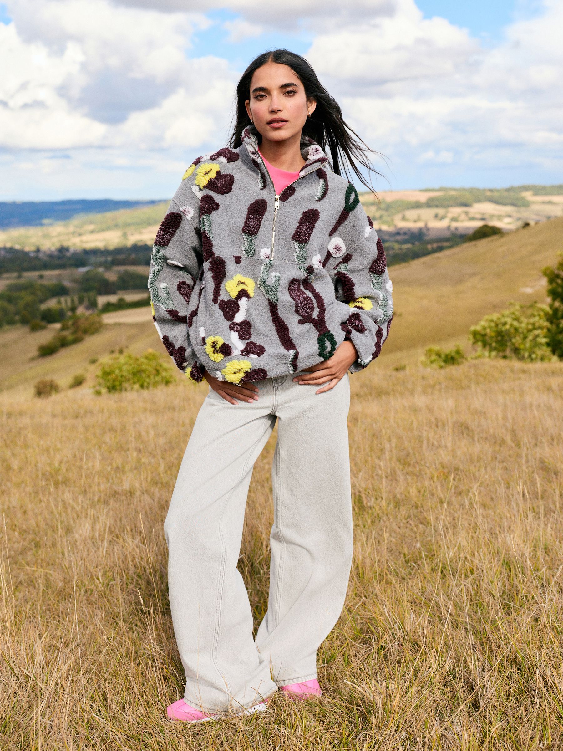 Buy Grey Floral Jacquard Floral Jaquarded Borg Half Zip Neck