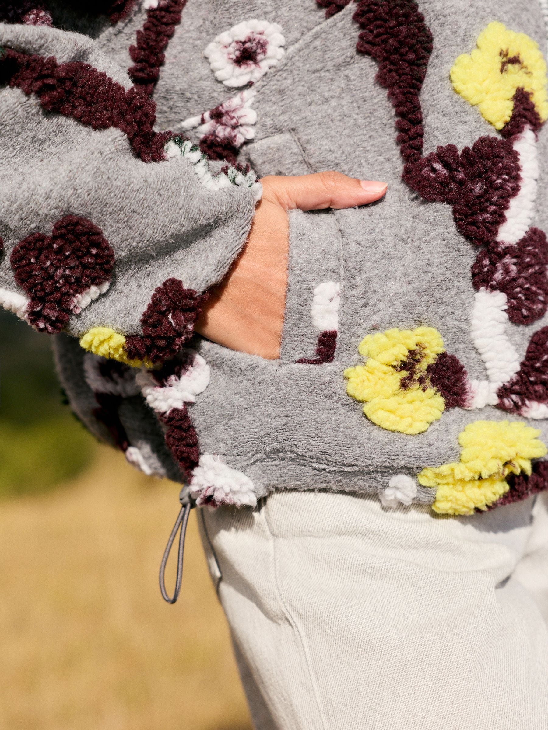 Buy Grey Floral Jacquard Floral Jaquarded Borg Half Zip Neck
